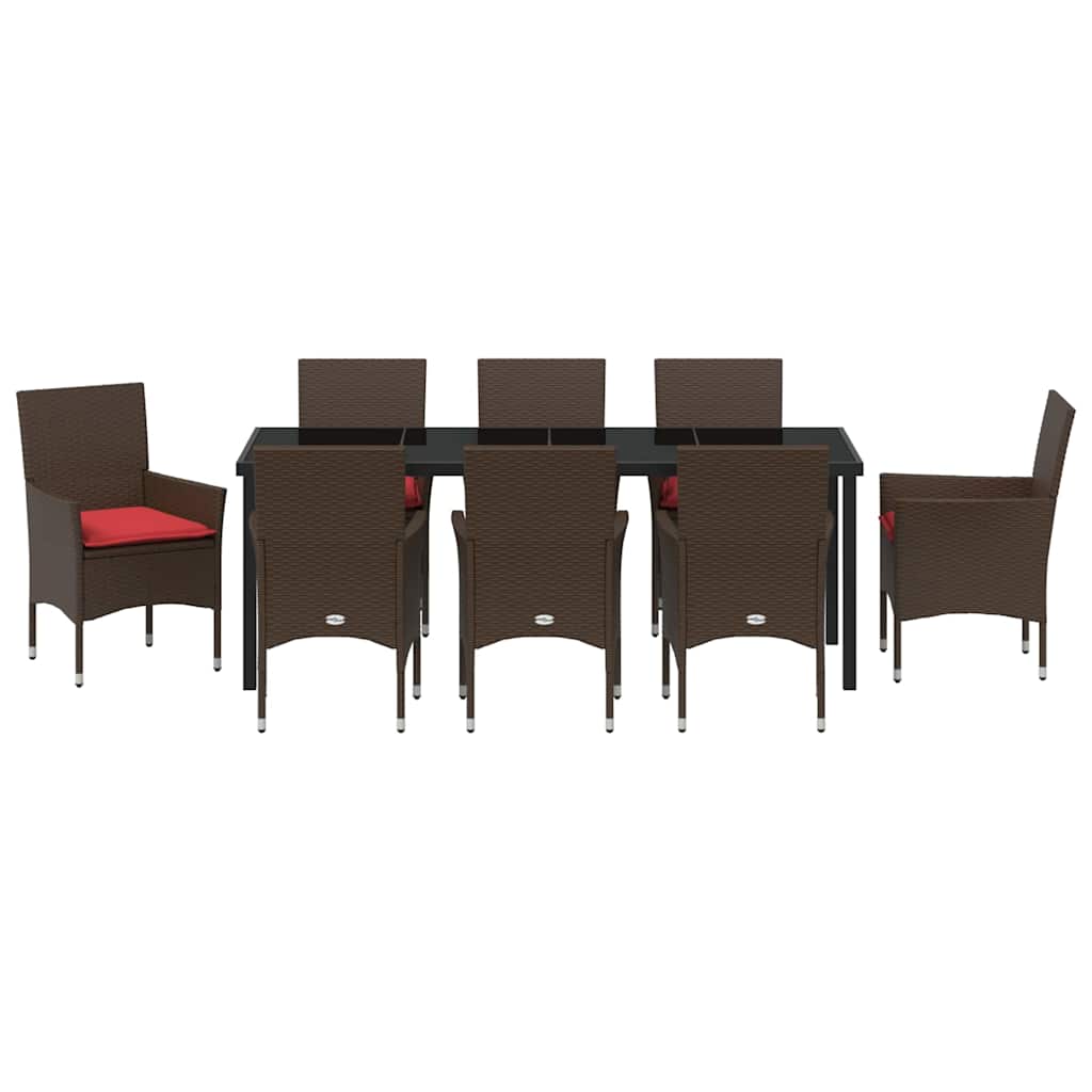 Tafel en stoelen set met kussen 9 pcs Bruin PE Rattan