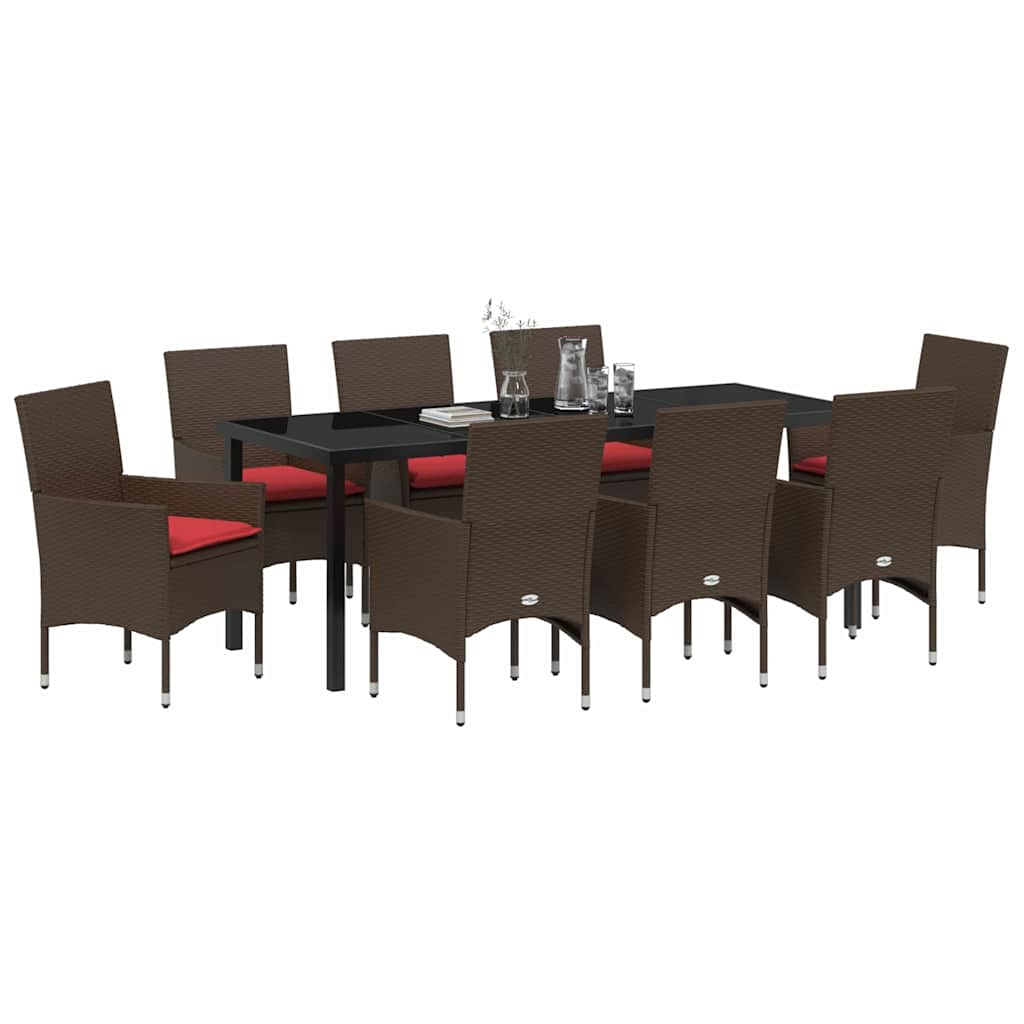Tafel en stoelen set met kussen 9 pcs Bruin PE Rattan