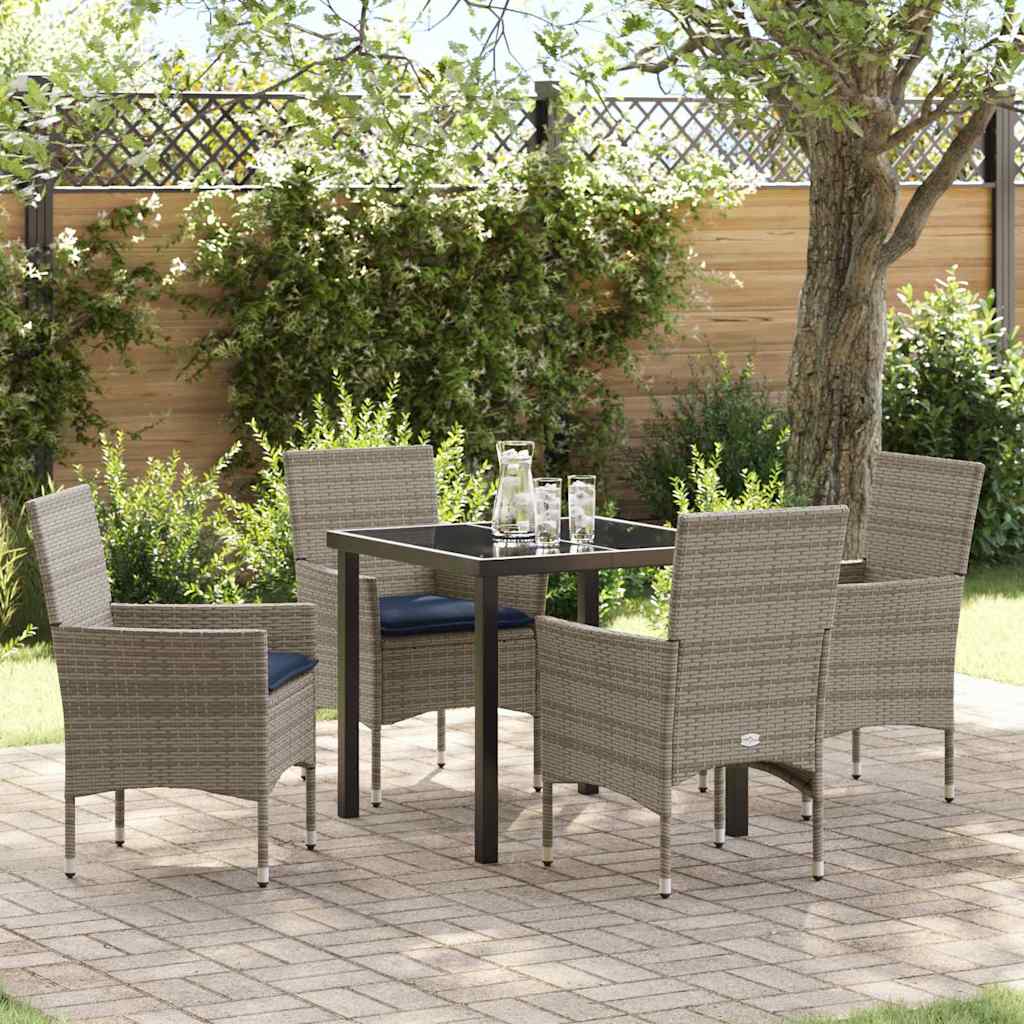 Tafel en stoelen set met kussen 5 pcs Grijs PE Rattan