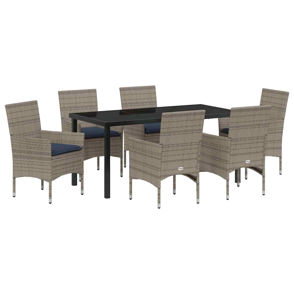 Tafel en stoelen set met kussen 7 pcs Grijs PE Rattan