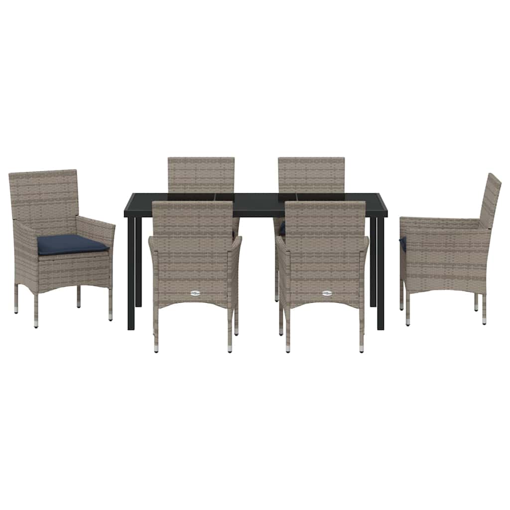 Tafel en stoelen set met kussen 7 pcs Grijs PE Rattan