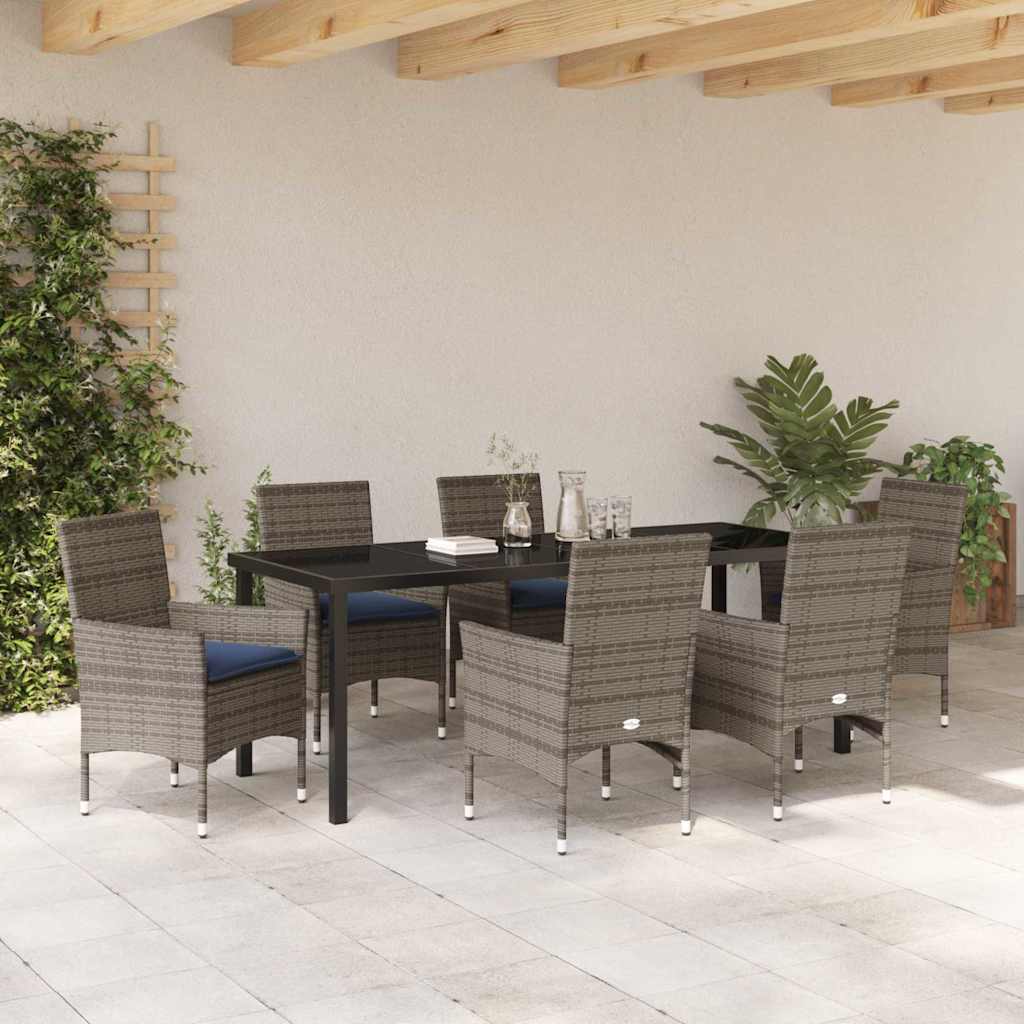 Tafel en stoelen set met kussen 7 pcs Grijs PE Rattan