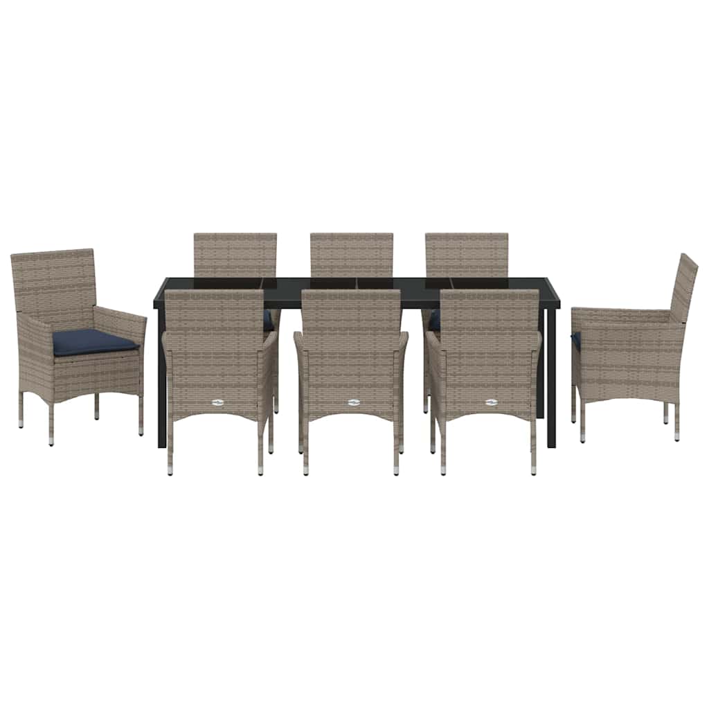 Tafel en stoelen set met kussen 9 pcs Grijs PE Rattan
