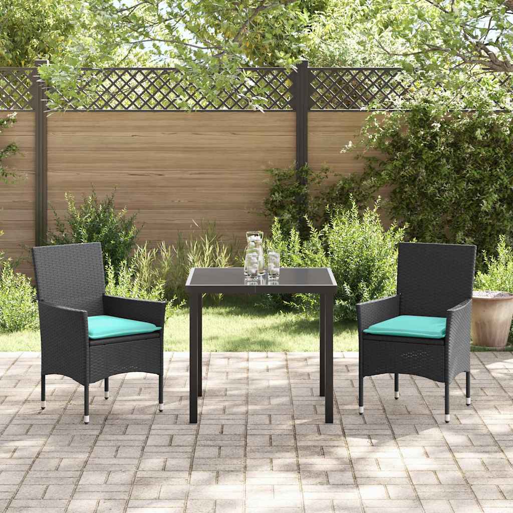 Tafel en stoelen set met kussen 3 pcs Zwart PE Rattan