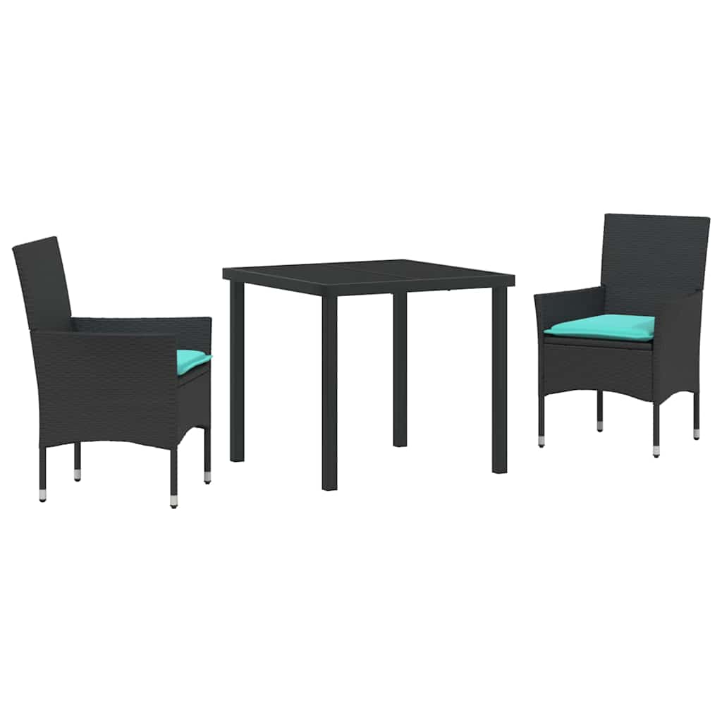 Tafel en stoelen set met kussen 3 pcs Zwart PE Rattan