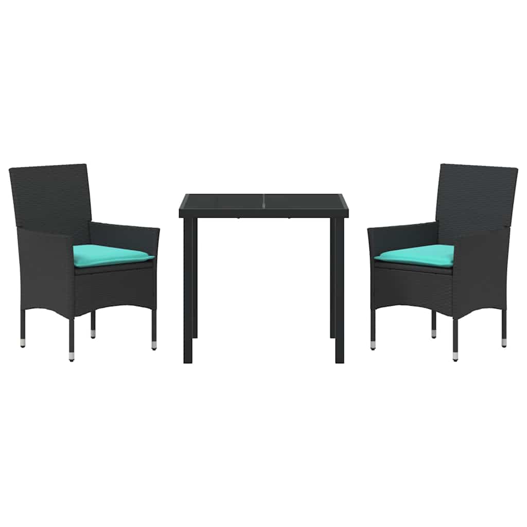 Tafel en stoelen set met kussen 3 pcs Zwart PE Rattan