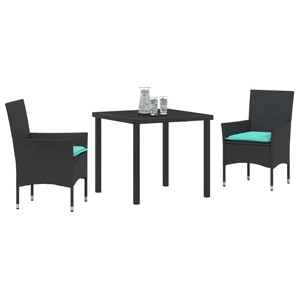 Tafel en stoelen set met kussen 3 pcs Zwart PE Rattan