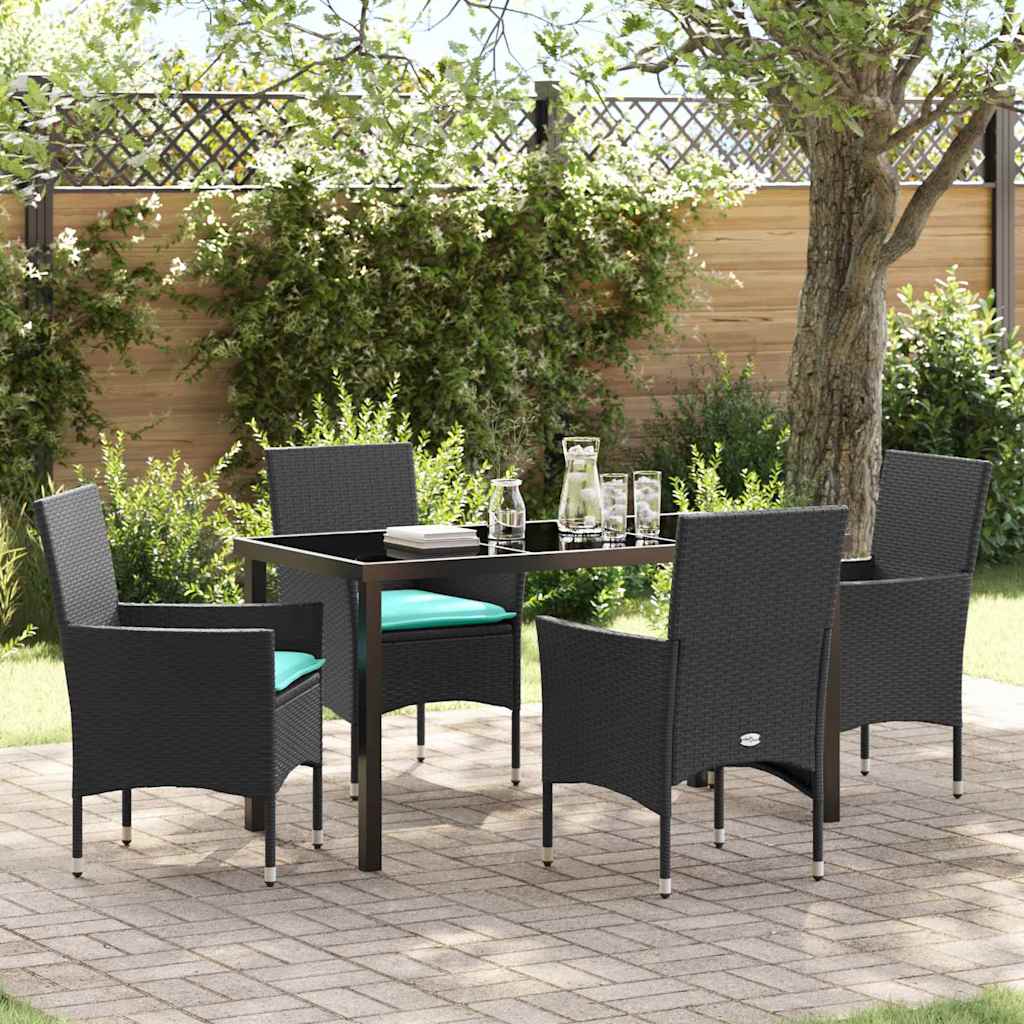 Tafel en stoelen set met kussen 5 pcs Zwart PE Rattan