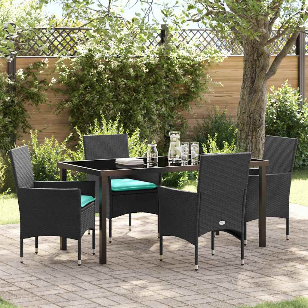 Tafel en stoelen set met kussen 5 pcs Zwart PE Rattan