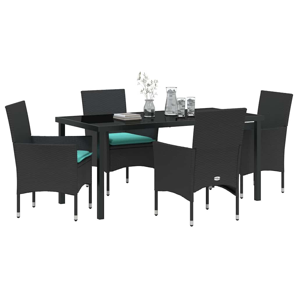 Tafel en stoelen set met kussen 5 pcs Zwart PE Rattan
