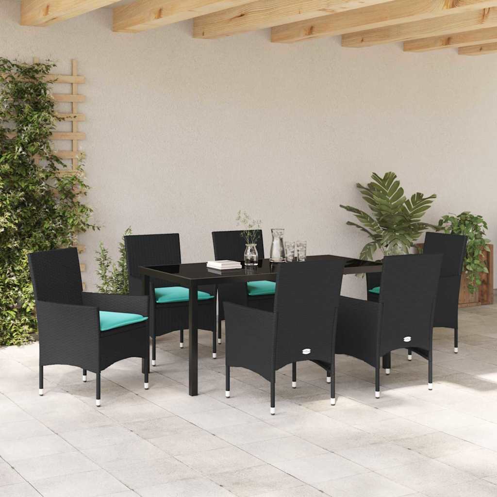 Tafel en stoelen set met kussen 7 pcs Zwart PE Rattan
