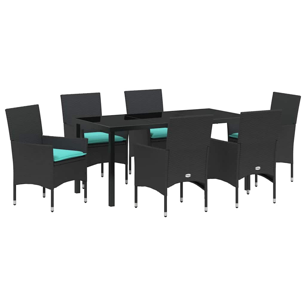 Tafel en stoelen set met kussen 7 pcs Zwart PE Rattan