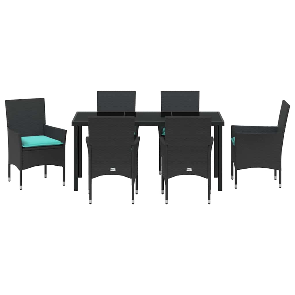 Tafel en stoelen set met kussen 7 pcs Zwart PE Rattan