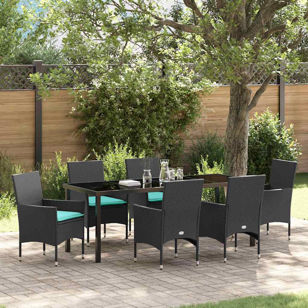 Tafel en stoelen set met kussen 7 pcs Zwart PE Rattan