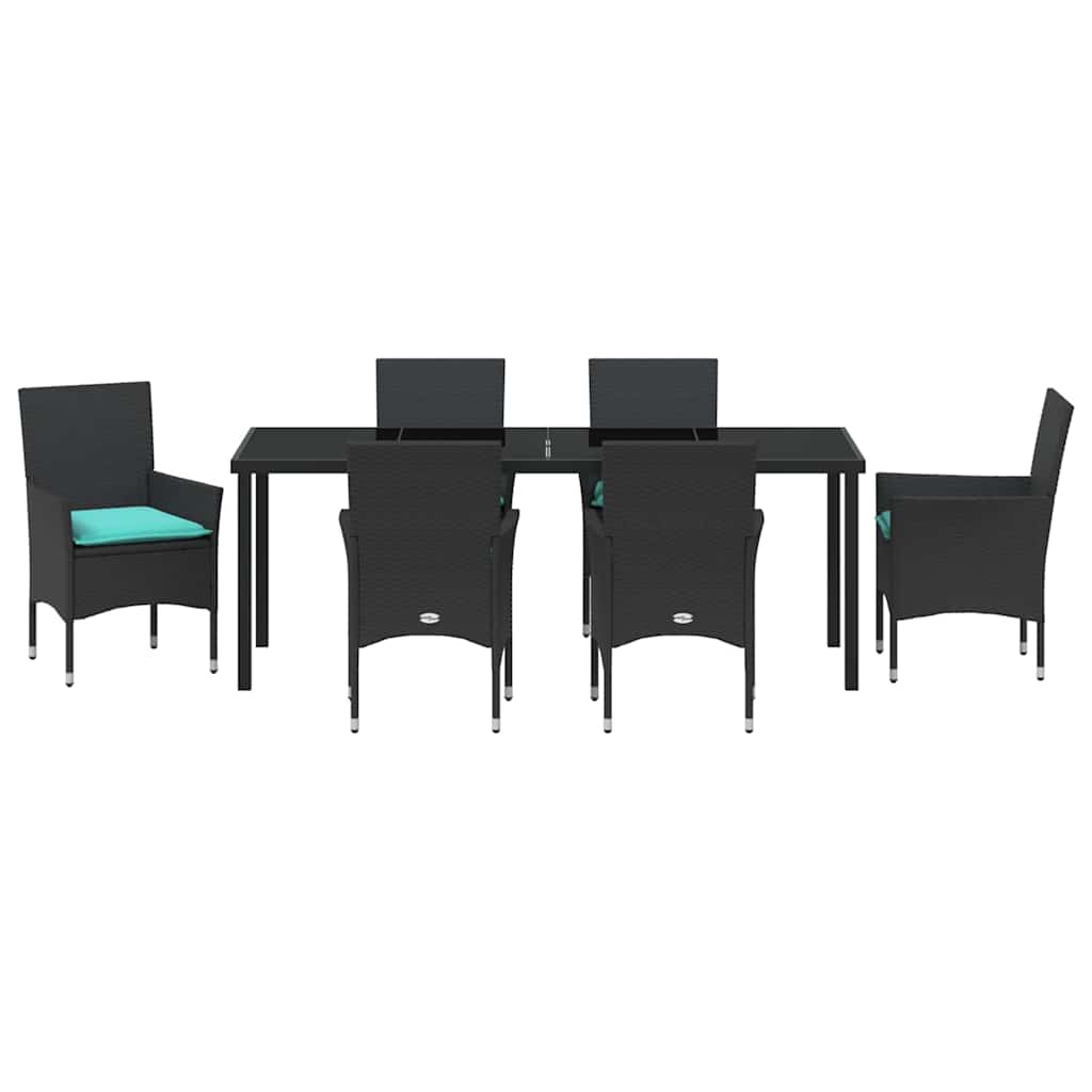Tafel en stoelen set met kussen 7 pcs Zwart PE Rattan