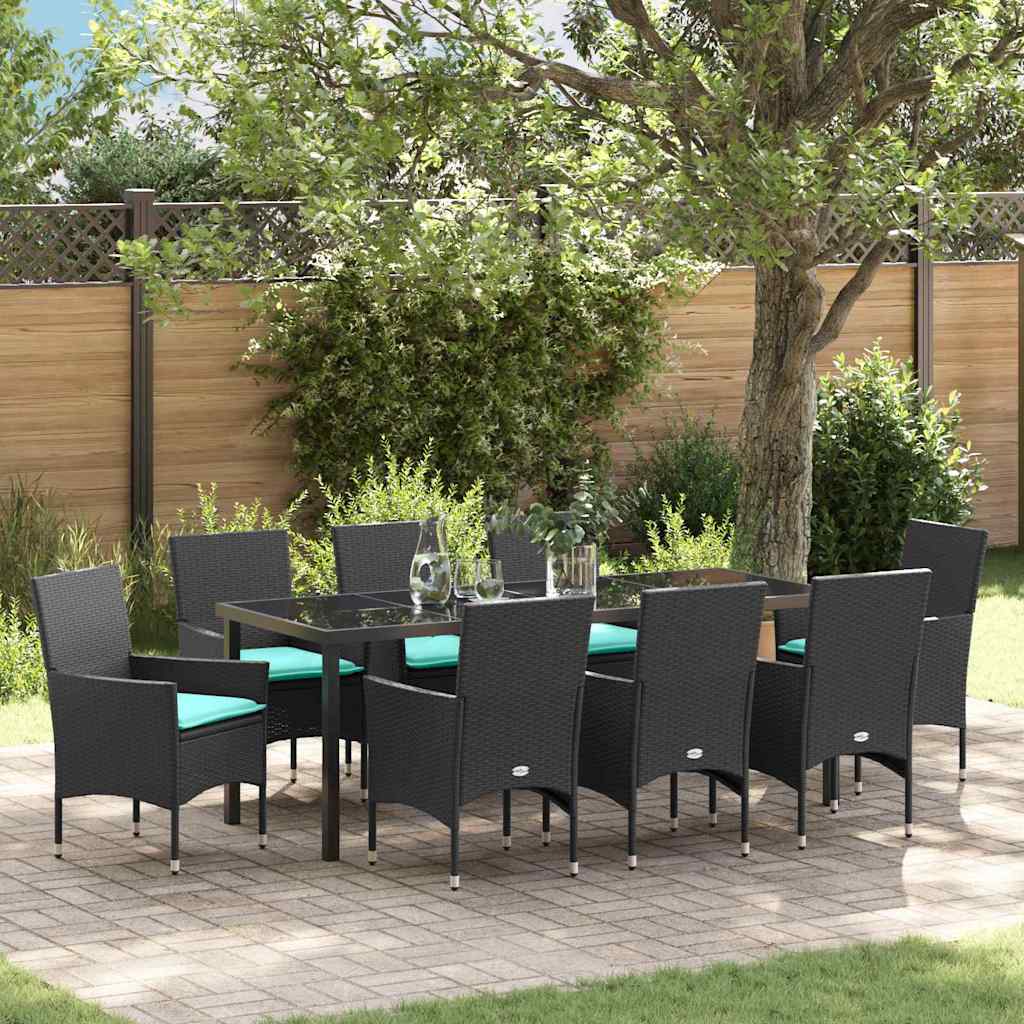 Tafel en stoelen set met kussen 9 pcs Zwart PE Rattan