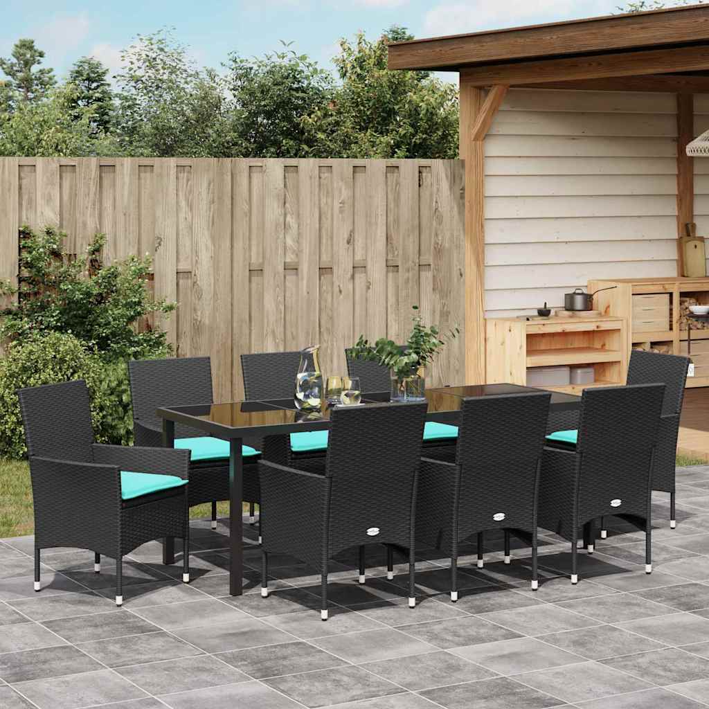 Tafel en stoelen set met kussen 9 pcs Zwart PE Rattan