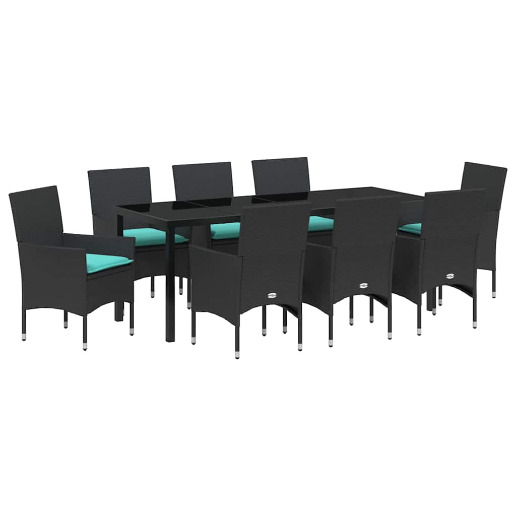 Tafel en stoelen set met kussen 9 pcs Zwart PE Rattan