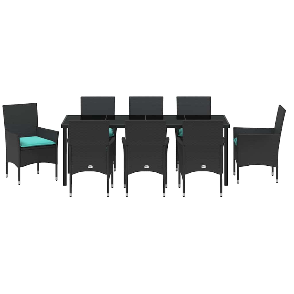 Tafel en stoelen set met kussen 9 pcs Zwart PE Rattan