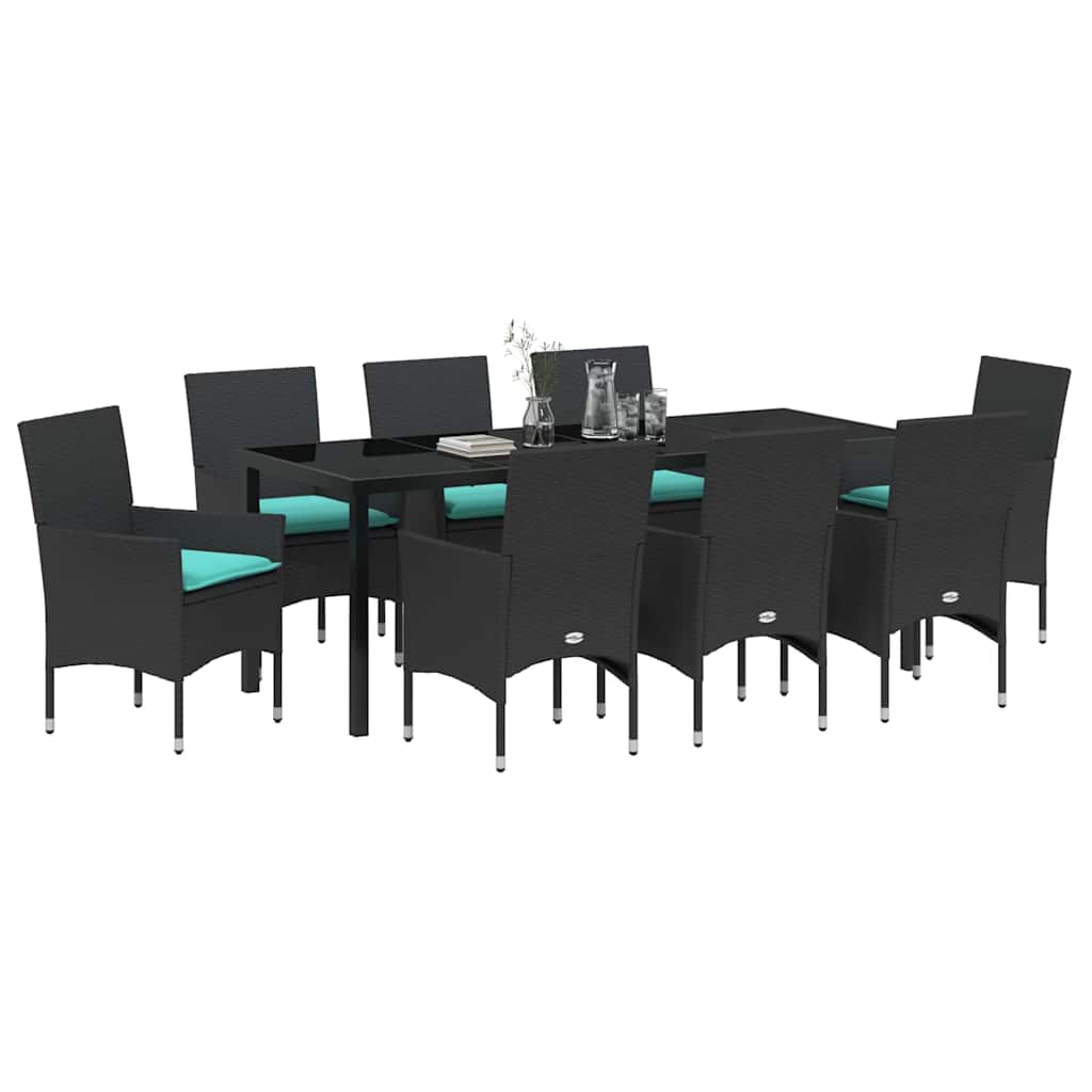 Tafel en stoelen set met kussen 9 pcs Zwart PE Rattan