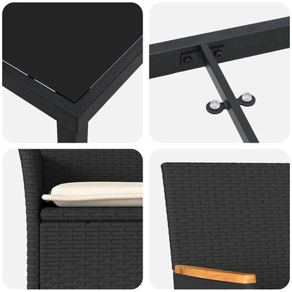 Tuin eettafelset met kussen 3 pcs Zwart poly rattan