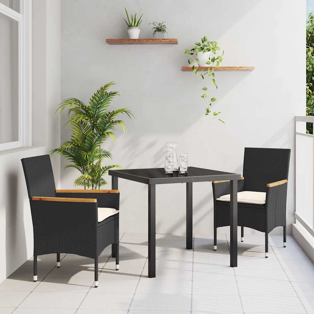 Tuin eettafelset met kussen 3 pcs Zwart poly rattan
