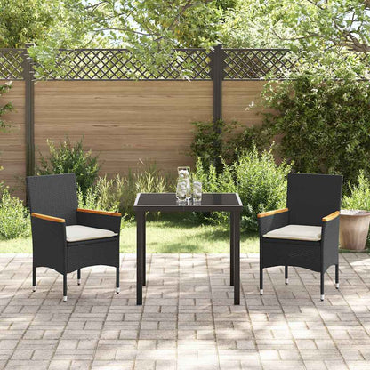 Tuin eettafelset met kussen 3 pcs Zwart poly rattan