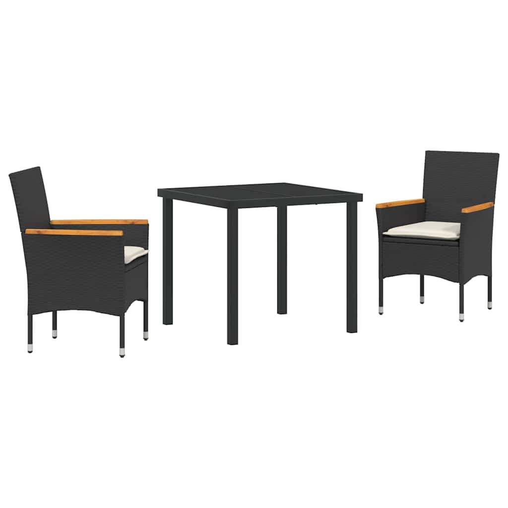 Tuin eettafelset met kussen 3 pcs Zwart poly rattan
