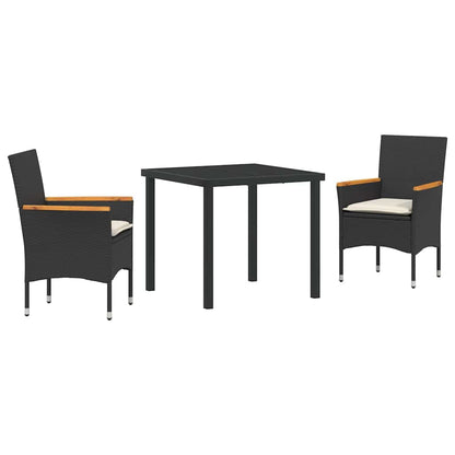 Tuin eettafelset met kussen 3 pcs Zwart poly rattan