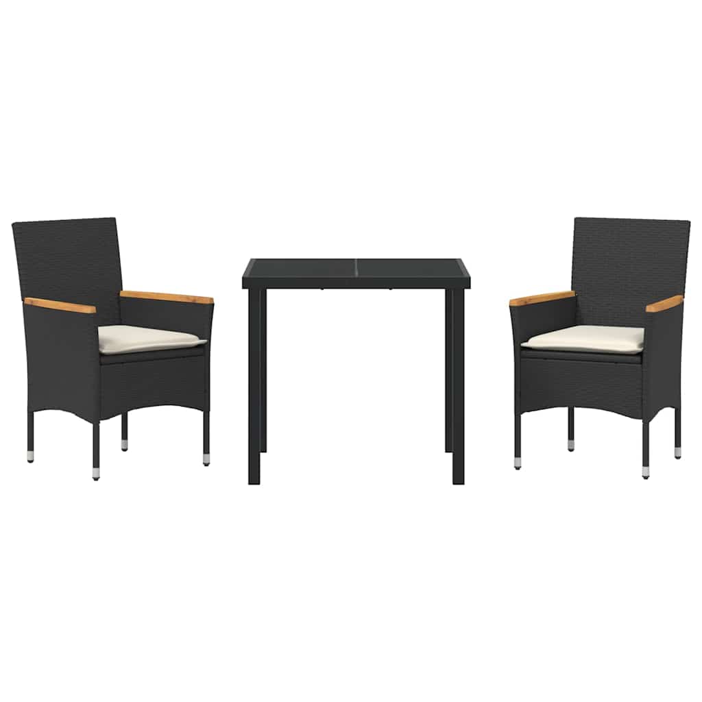 Tuin eettafelset met kussen 3 pcs Zwart poly rattan