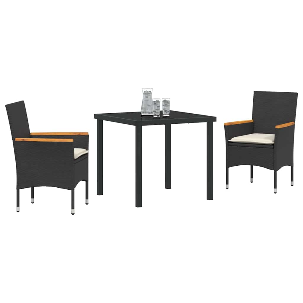 Tuin eettafelset met kussen 3 pcs Zwart poly rattan