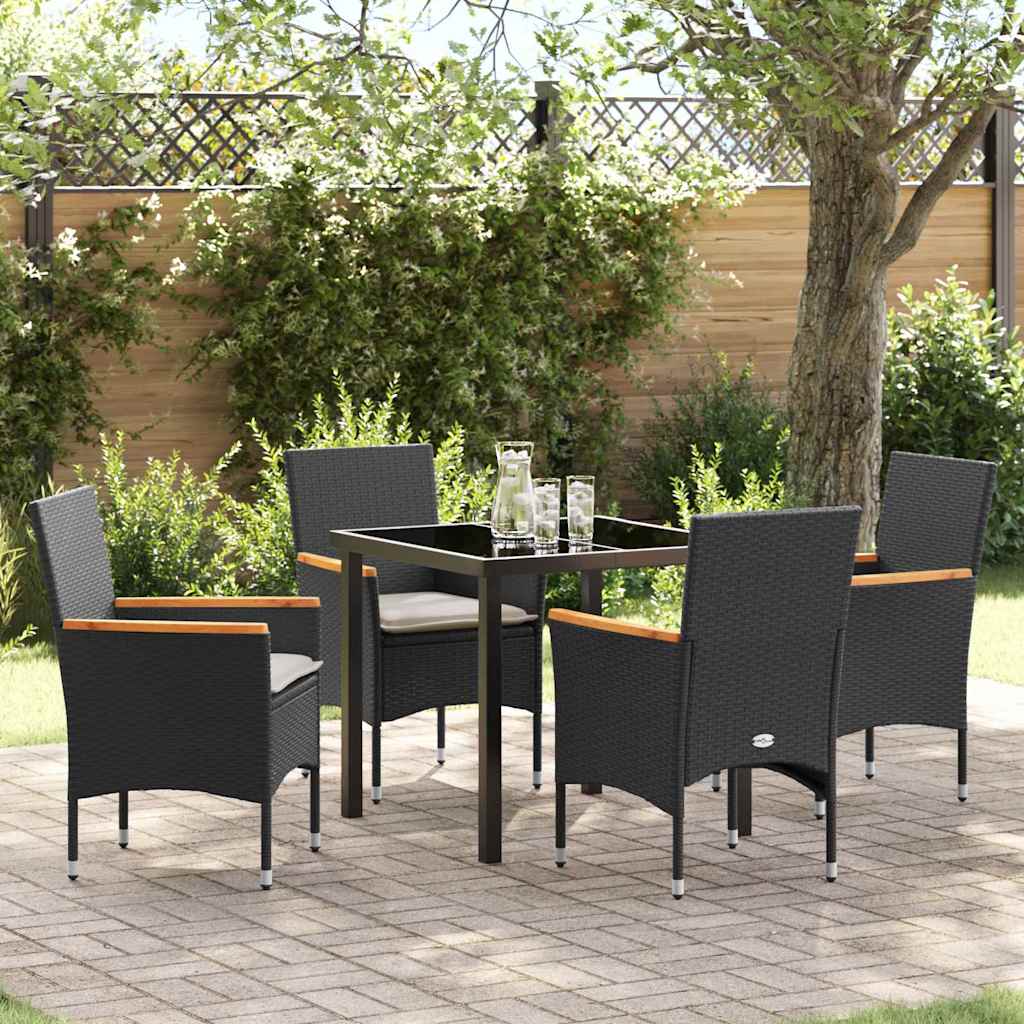 Tuin eettafelset met kussen 5 pcs Zwart poly rattan