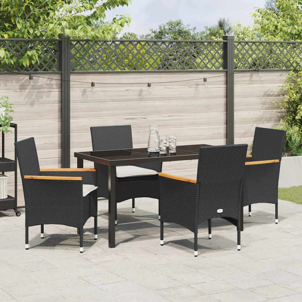 Tuin eettafelset met kussen 5 pcs Zwart poly rattan