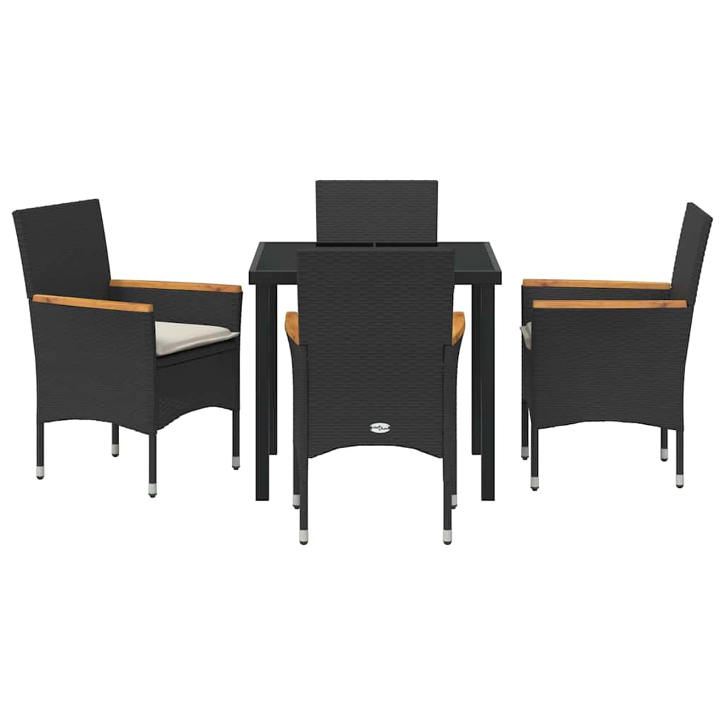 Tuin eettafelset met kussen 5 pcs Zwart poly rattan
