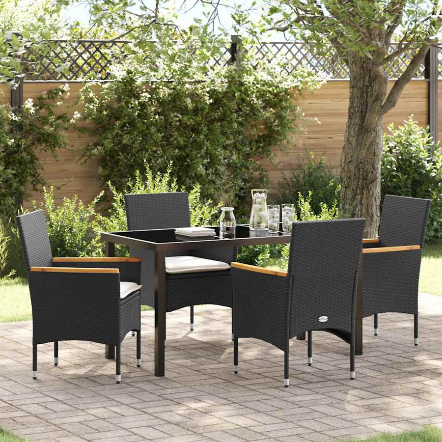 Tuin eettafelset met kussen 5 pcs Zwart poly rattan