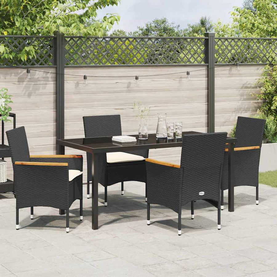 Tuin eettafelset met kussen 5 pcs Zwart poly rattan