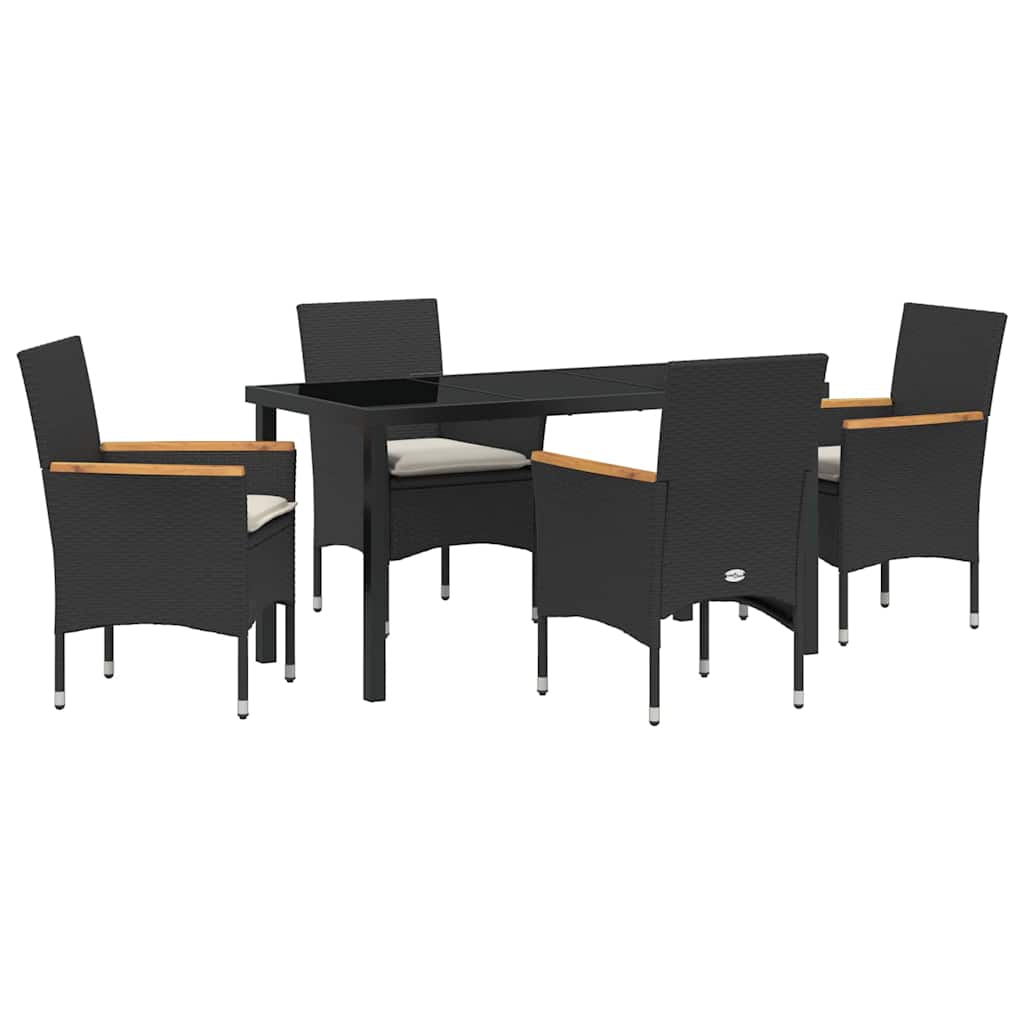 Tuin eettafelset met kussen 5 pcs Zwart poly rattan