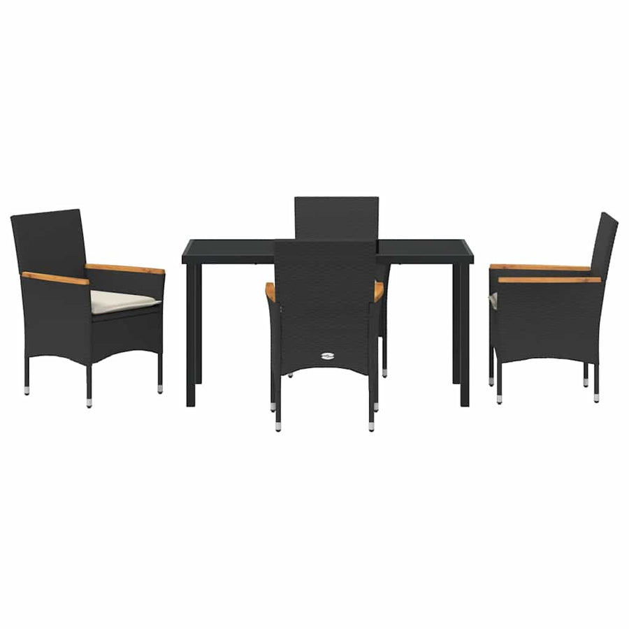 Tuin eettafelset met kussen 5 pcs Zwart poly rattan
