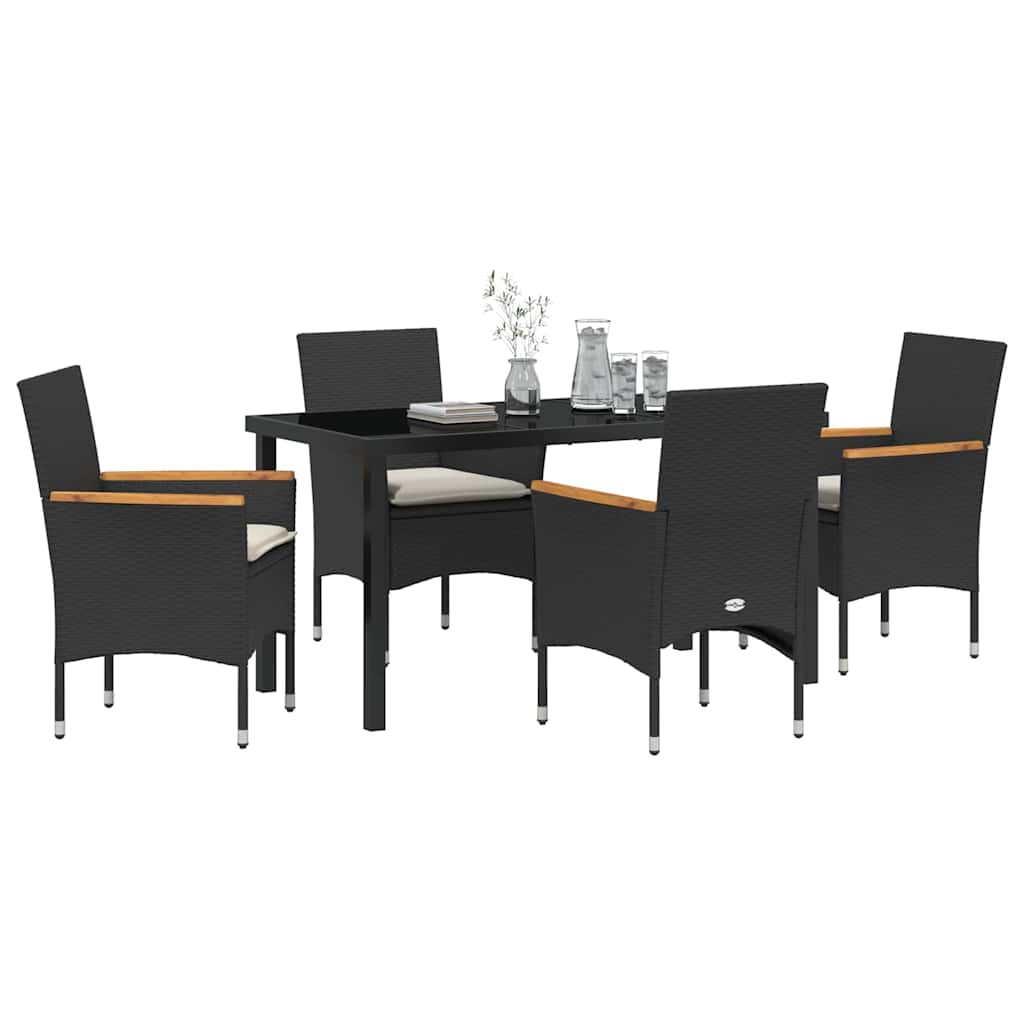 Tuin eettafelset met kussen 5 pcs Zwart poly rattan