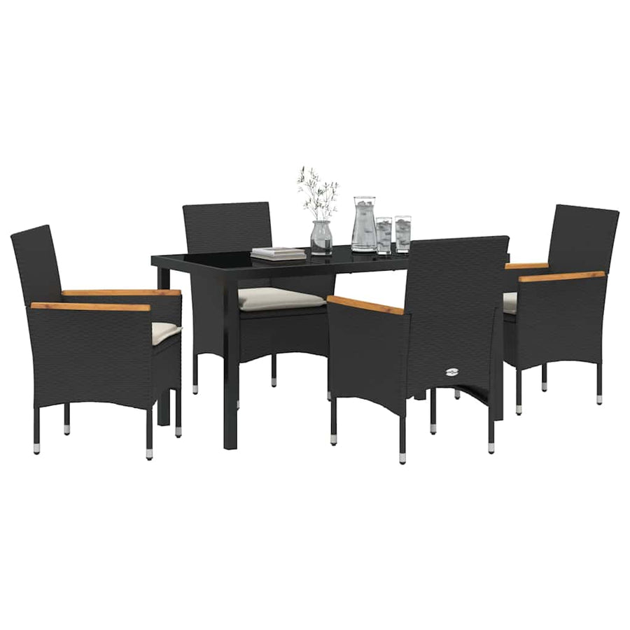 Tuin eettafelset met kussen 5 pcs Zwart poly rattan