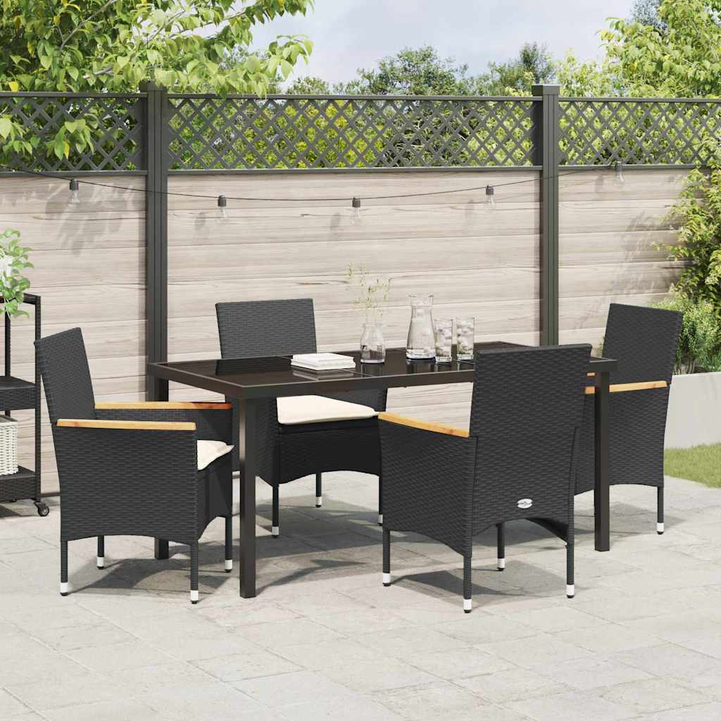 Tuin eettafelset met kussen 5 pcs Zwart poly rattan