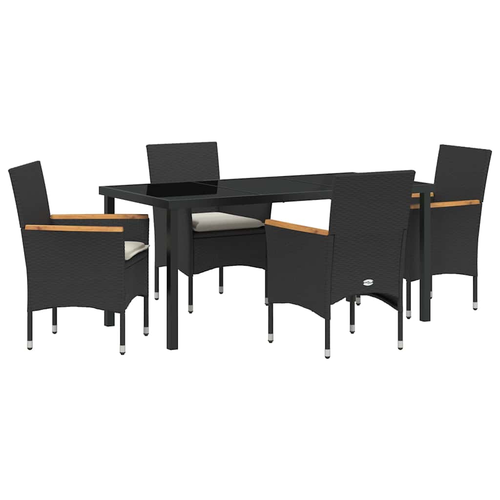 Tuin eettafelset met kussen 5 pcs Zwart poly rattan