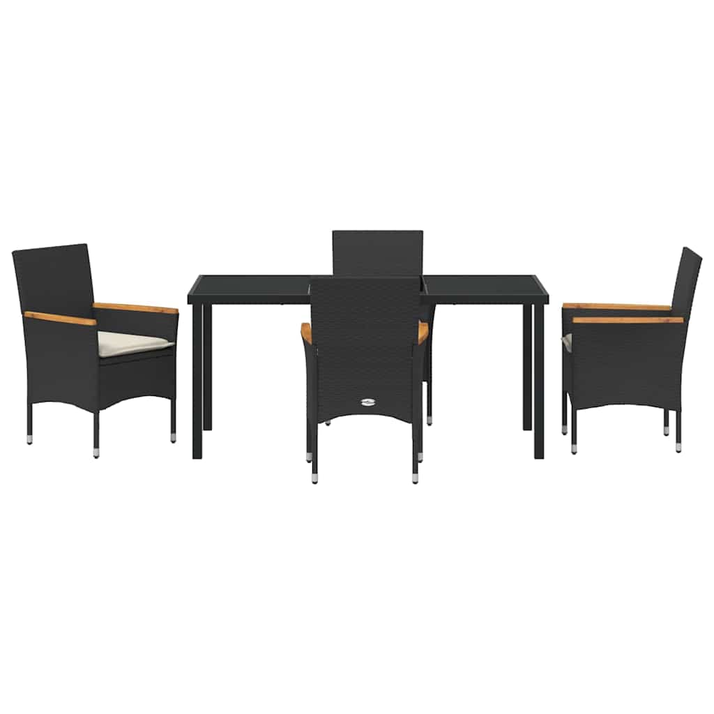 Tuin eettafelset met kussen 5 pcs Zwart poly rattan