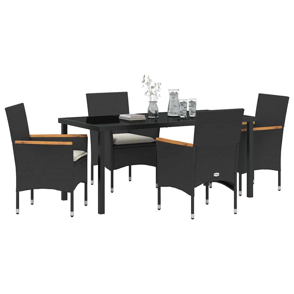 Tuin eettafelset met kussen 5 pcs Zwart poly rattan