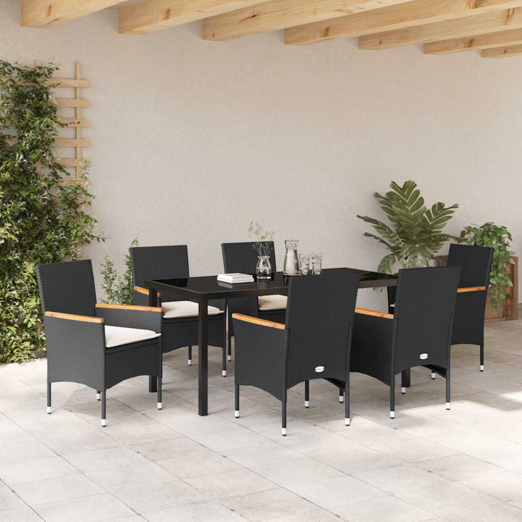 Tuin eettafelset met kussen 7 pcs Zwart poly rattan
