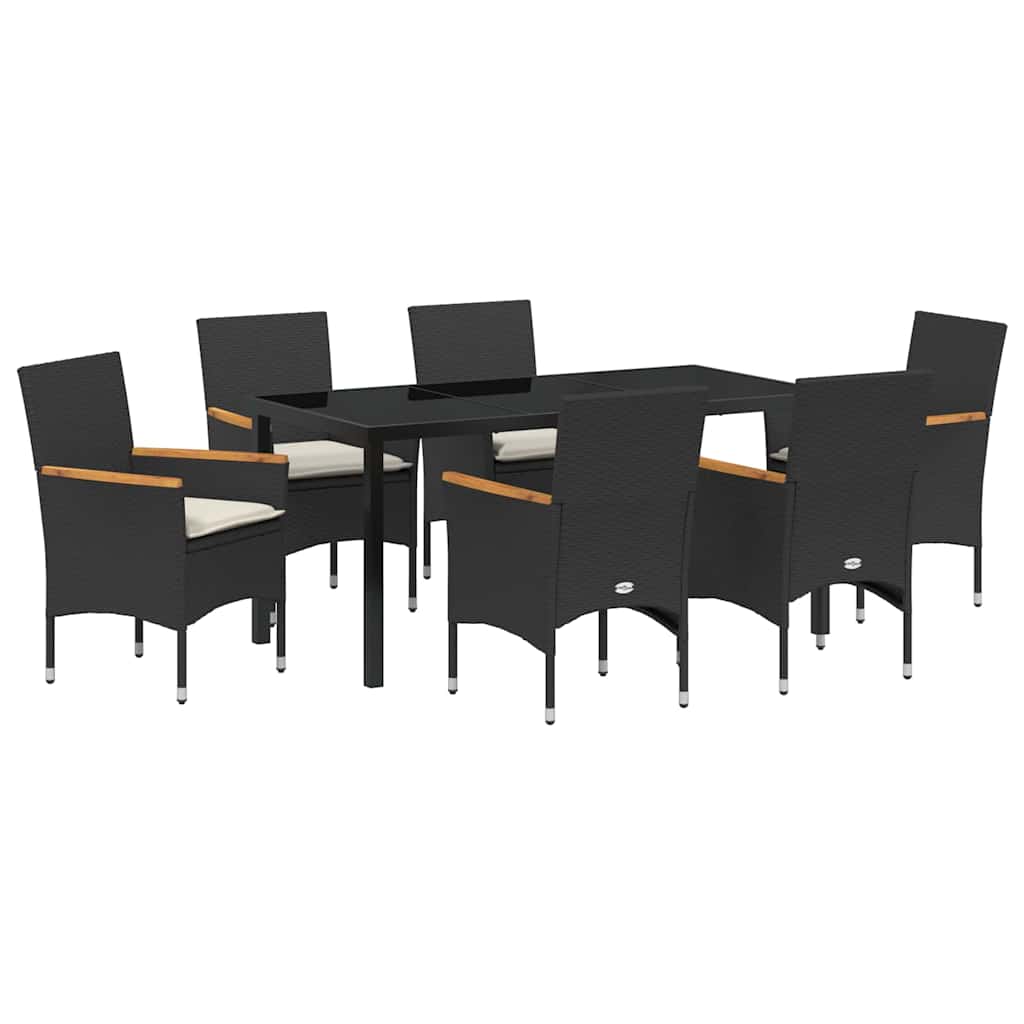Tuin eettafelset met kussen 7 pcs Zwart poly rattan