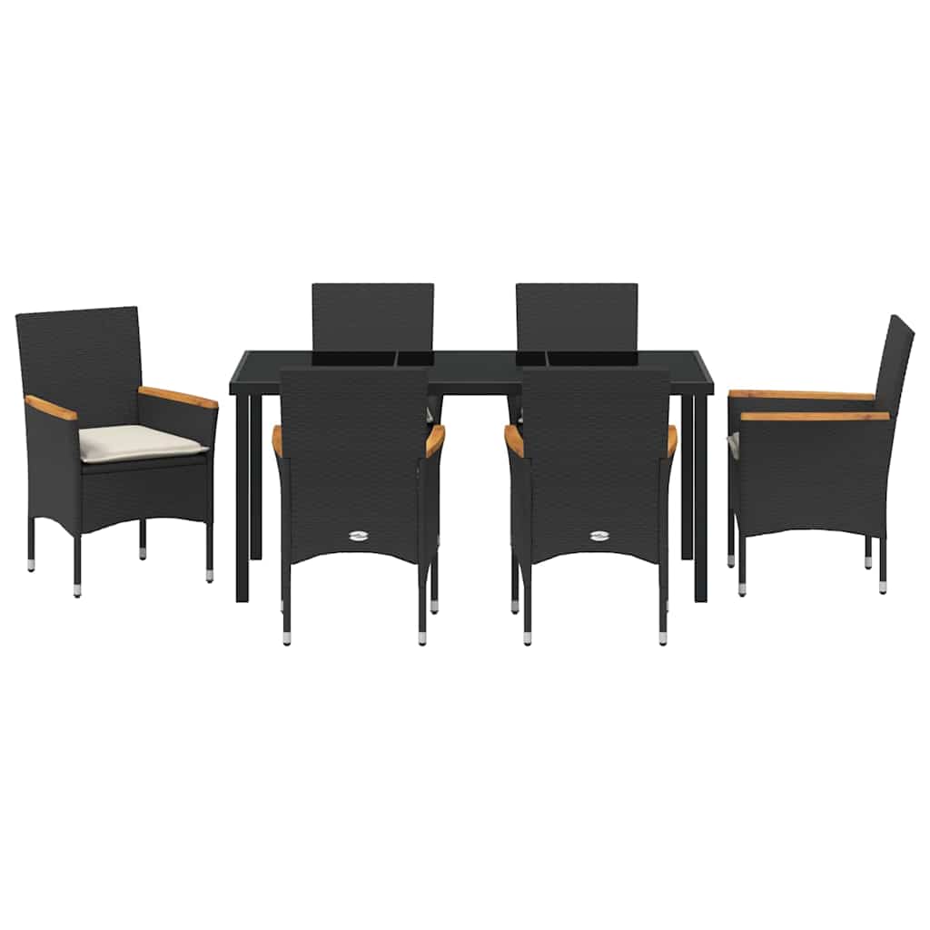 Tuin eettafelset met kussen 7 pcs Zwart poly rattan
