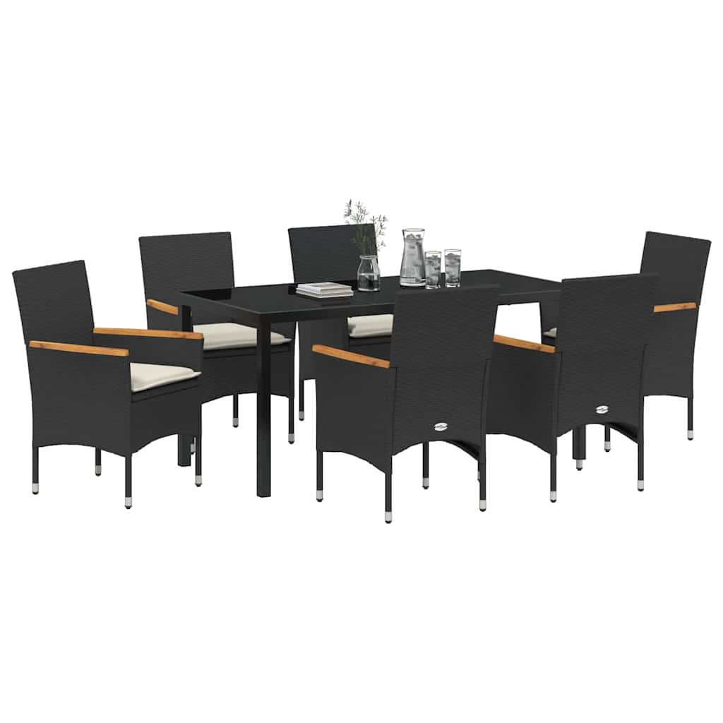 Tuin eettafelset met kussen 7 pcs Zwart poly rattan