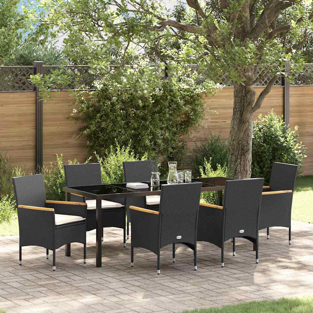 Tuin eettafelset met kussen 7 pcs Zwart poly rattan
