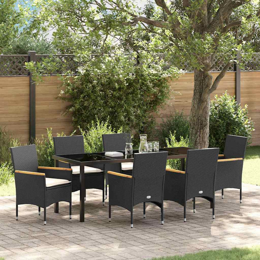 Tuin eettafelset met kussen 7 pcs Zwart poly rattan